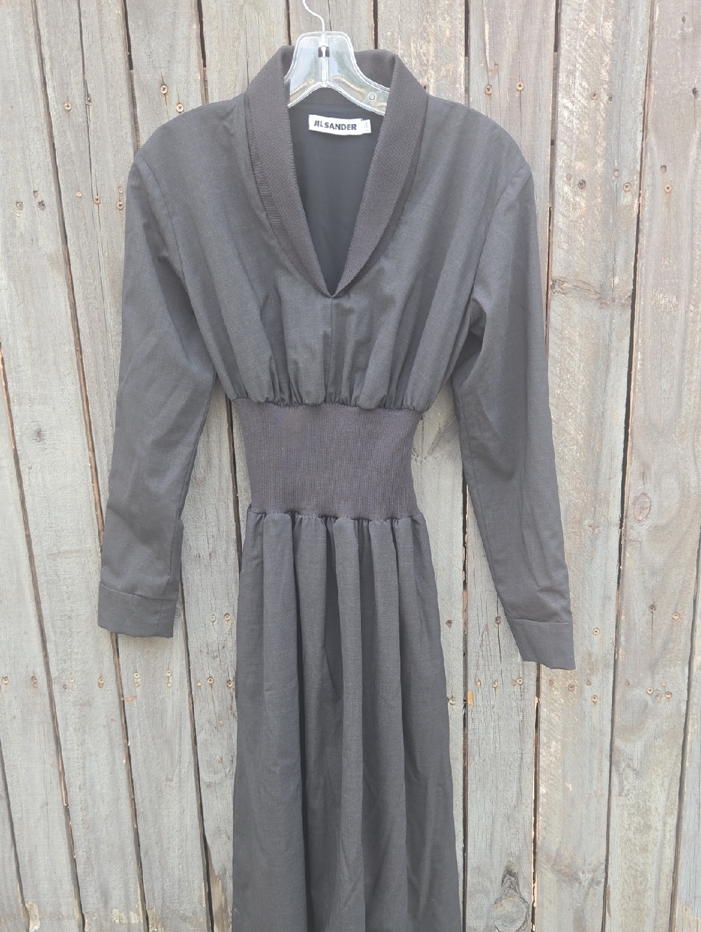 Jil Sander Black Midi Dress Long Sleeve Smocked Waist Minimalist Designer Women